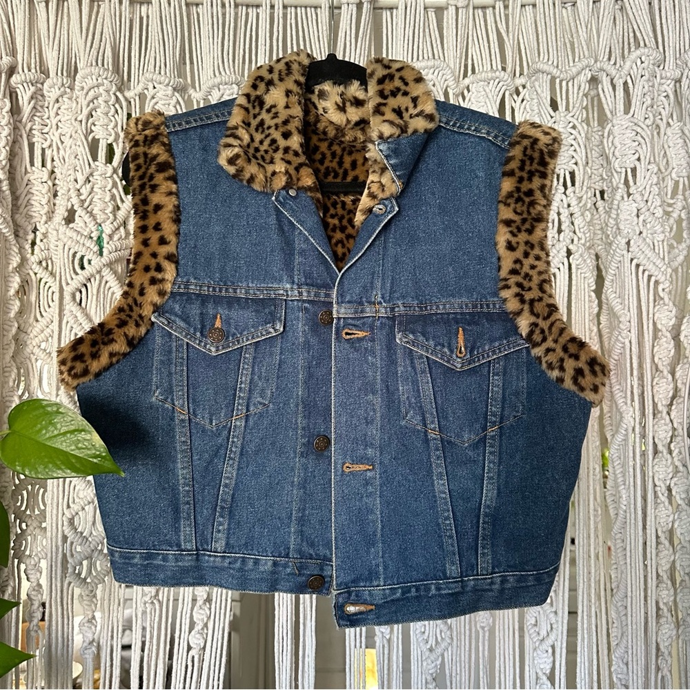SOLD ON DWPOP Denim Vest with Leopard Print Trim